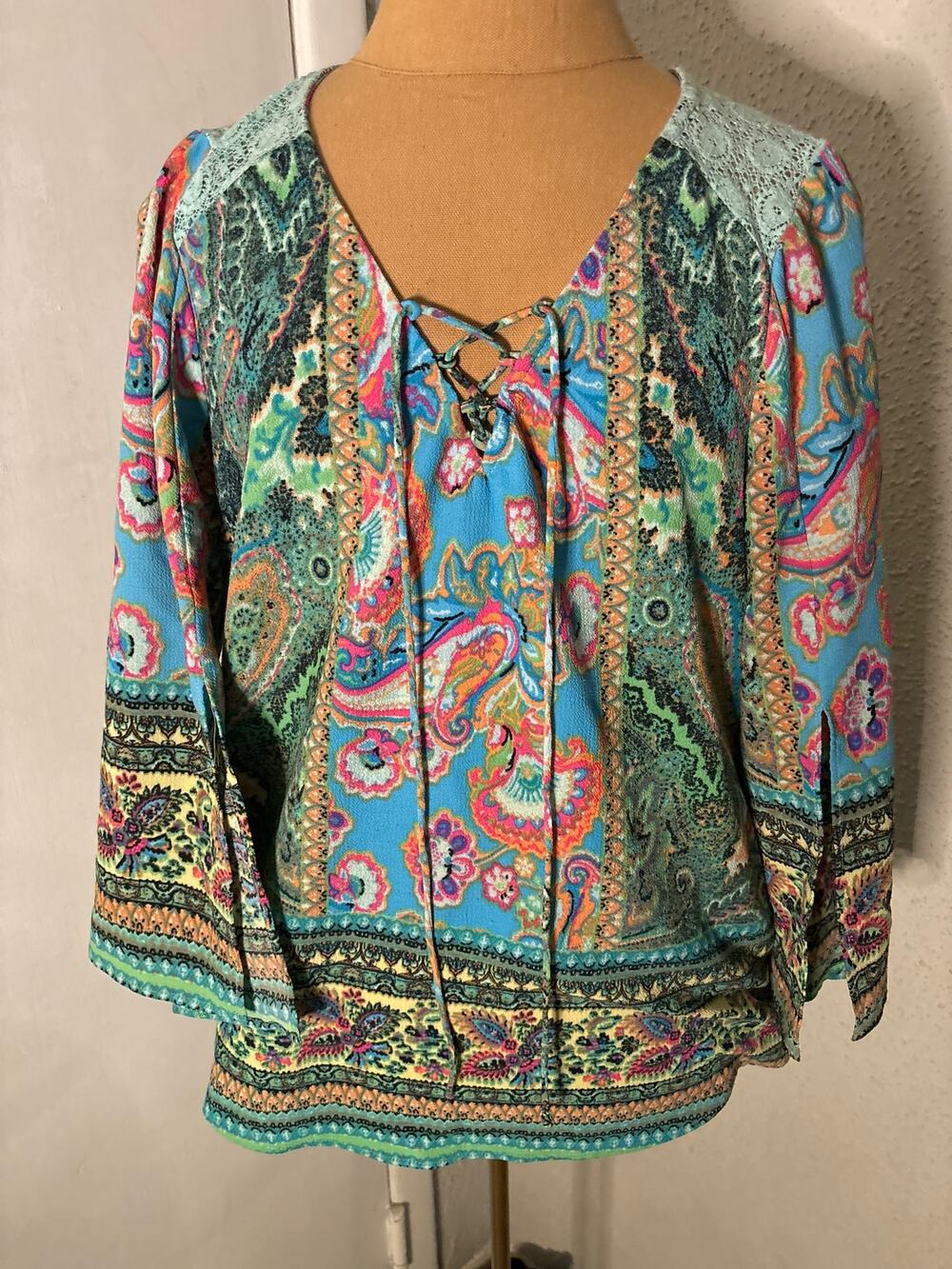 Figueroa & Flower Lace Floral Print Top Tunic M Dopamine Boho Festival Hippie